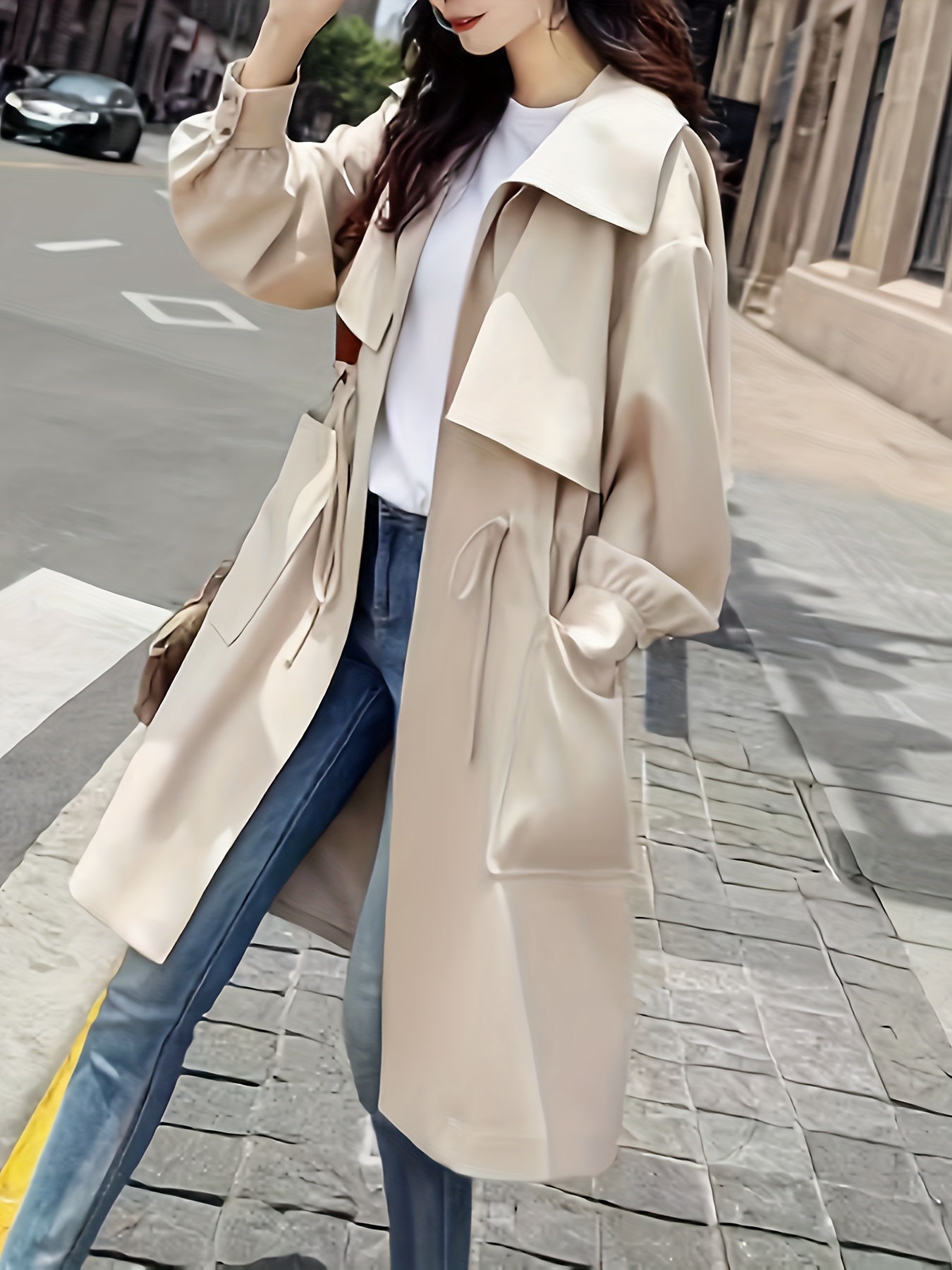 vlovelaw  Solid Color Open Front Trench Coat, Vacation Drawstring Lapel Neck Side Pockets Long Sleeve Coat, Women's Clothing