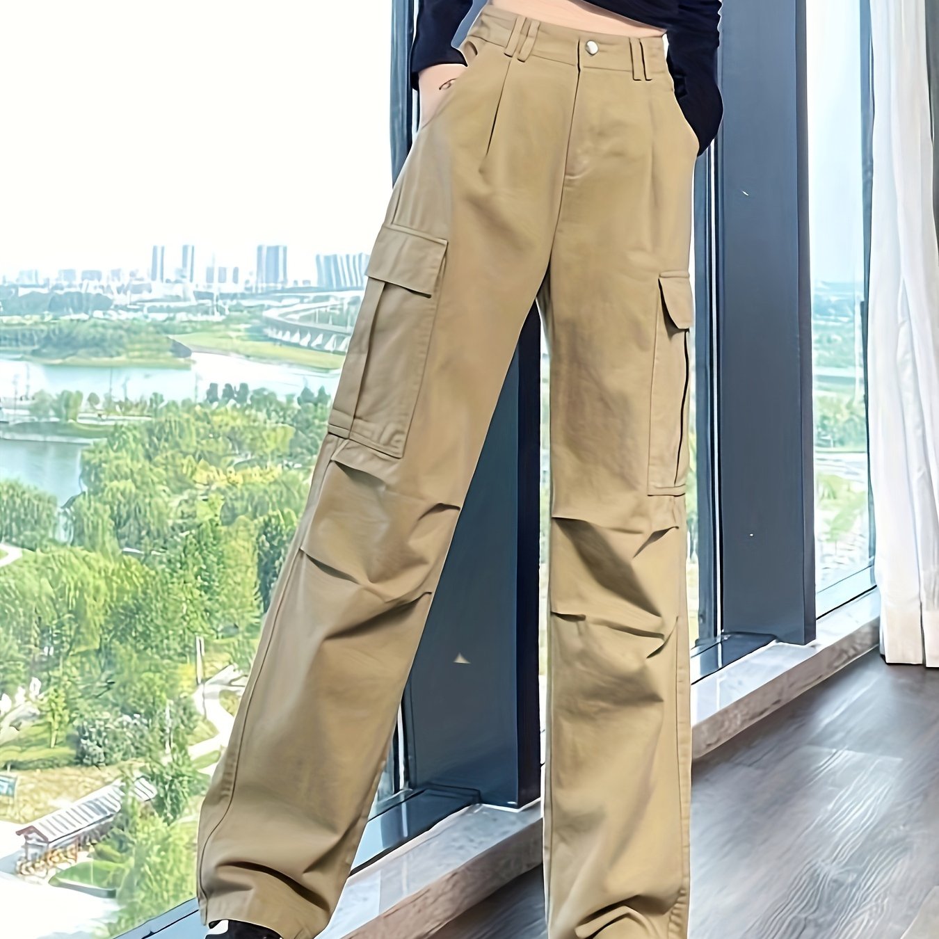 vlovelaw  Solid Straight Leg Cargo Pants, Y2K Flap Pocket High Waist Loose Pants, Women's Clothing