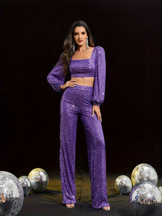 vlovelaw  Sequin Elegant Two-piece Set, Zip Back Square Neck Long Sleeve Top & Pants Outfits, Women's Clothing