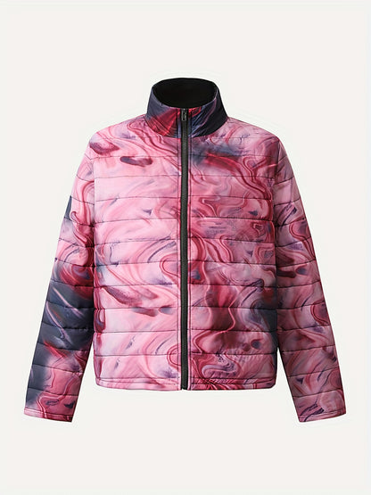 Vibrant Abstract Print Zip-Up Coat - Cotton-Padded Jacket Coat for Women, Long Sleeve, Warm, Winter Outerwear, Casual, Stylish, and Comfortable