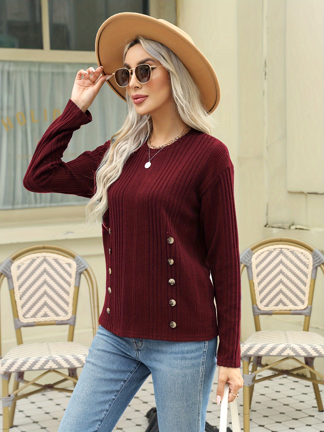 vlovelaw  Ribbed Button Decor Crew Neck T-Shirt, Casual Long Sleeve Top For Spring & Fall, Women's Clothing