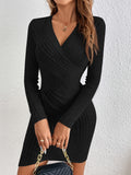 vlovelaw Textured Solid Bodycon Dress, Elegant V Neck Long Sleeve Mini Dress, Women's Clothing