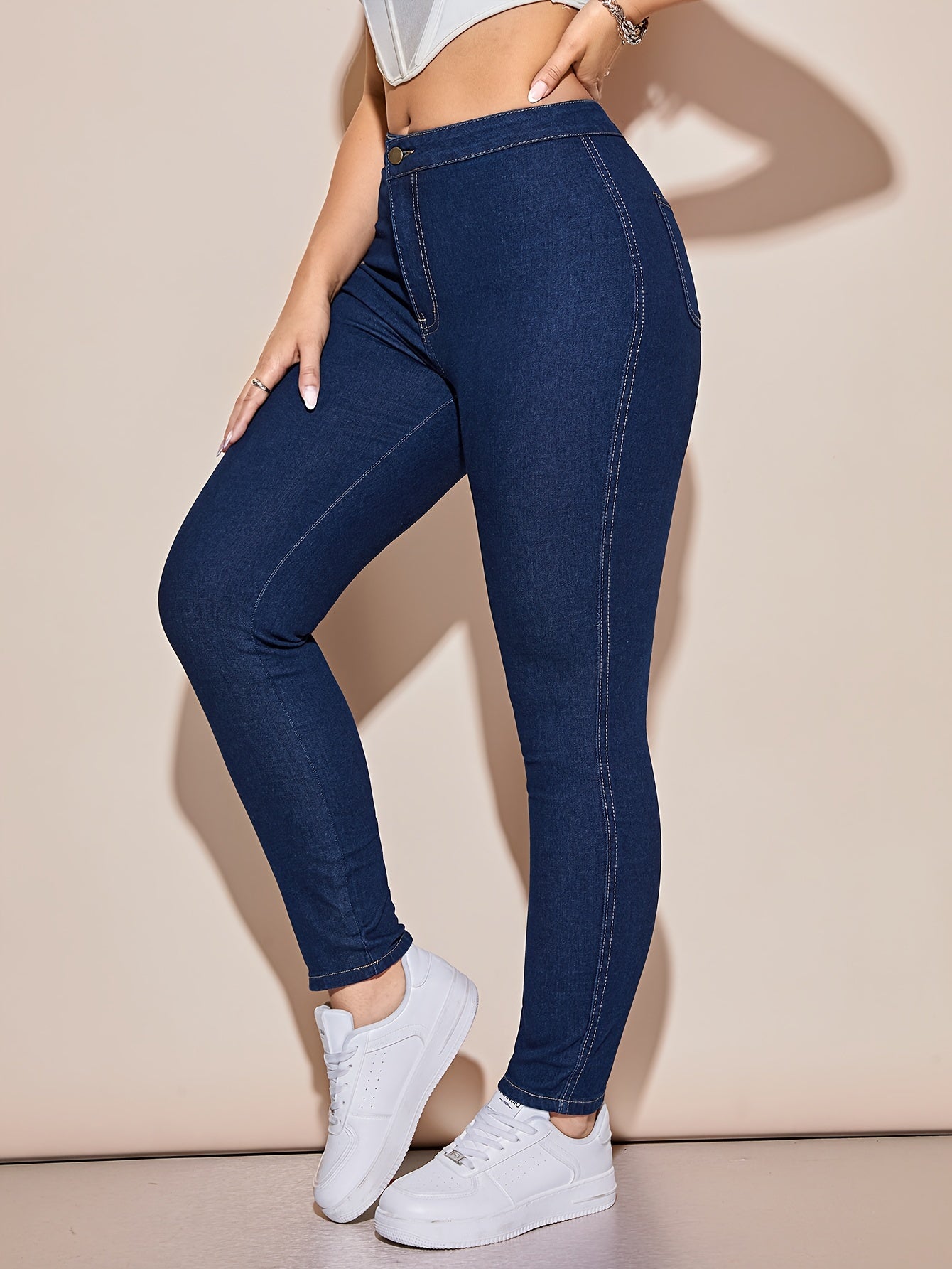 vlovelaw Plain Slight-Stretch Skinny Jeans, Slim Fit Patch Pockets Casual Denim Pants, Women's Denim Jeans & Clothing