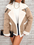 Elegant Faux Fur-Lined Winter Jacket for Women - Solid Color, Lapel Collar with Pockets, Machine Washable