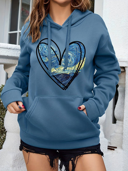 vlovelaw  Heart Print Kangaroo Pocket Hoodie, Casual Long Sleeve Drawstring Hoodie Sweatshirt, Women's Clothing