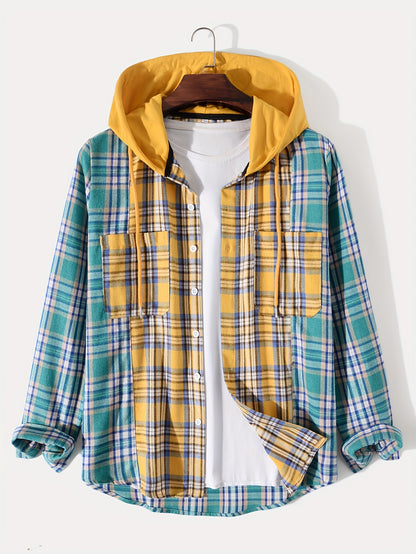 vlovelaw  vlovelaw  Fashionable And Versatile Men's College Style Casual Plaid Contrast Colors Hoodies Button Drawstring Shirt Jacket, Suitable For Outdoor