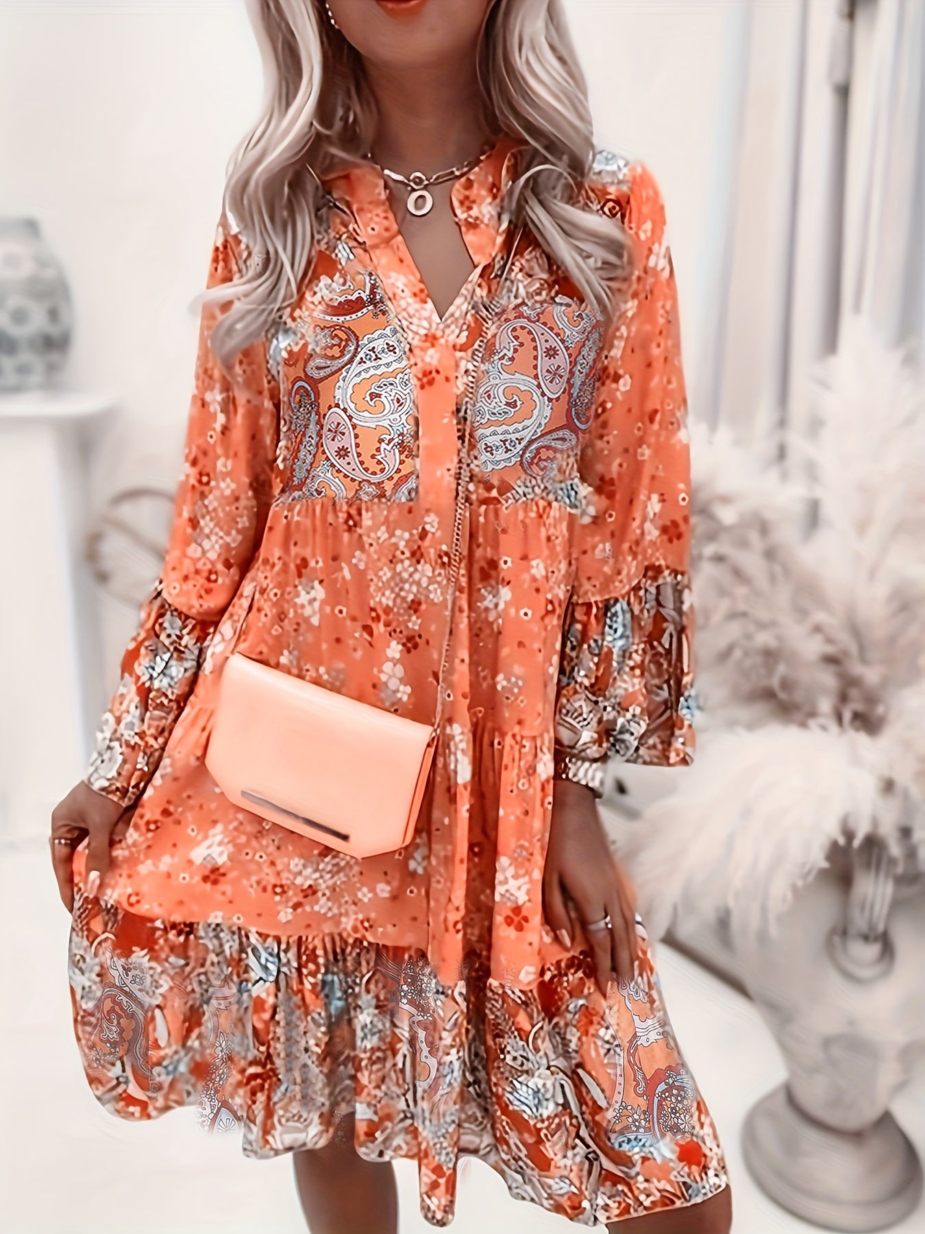 vlovelaw  Floral Print Ruffle Hem Dress, Boho Holiday Long Sleeve V-neck Dress, Women's Clothing