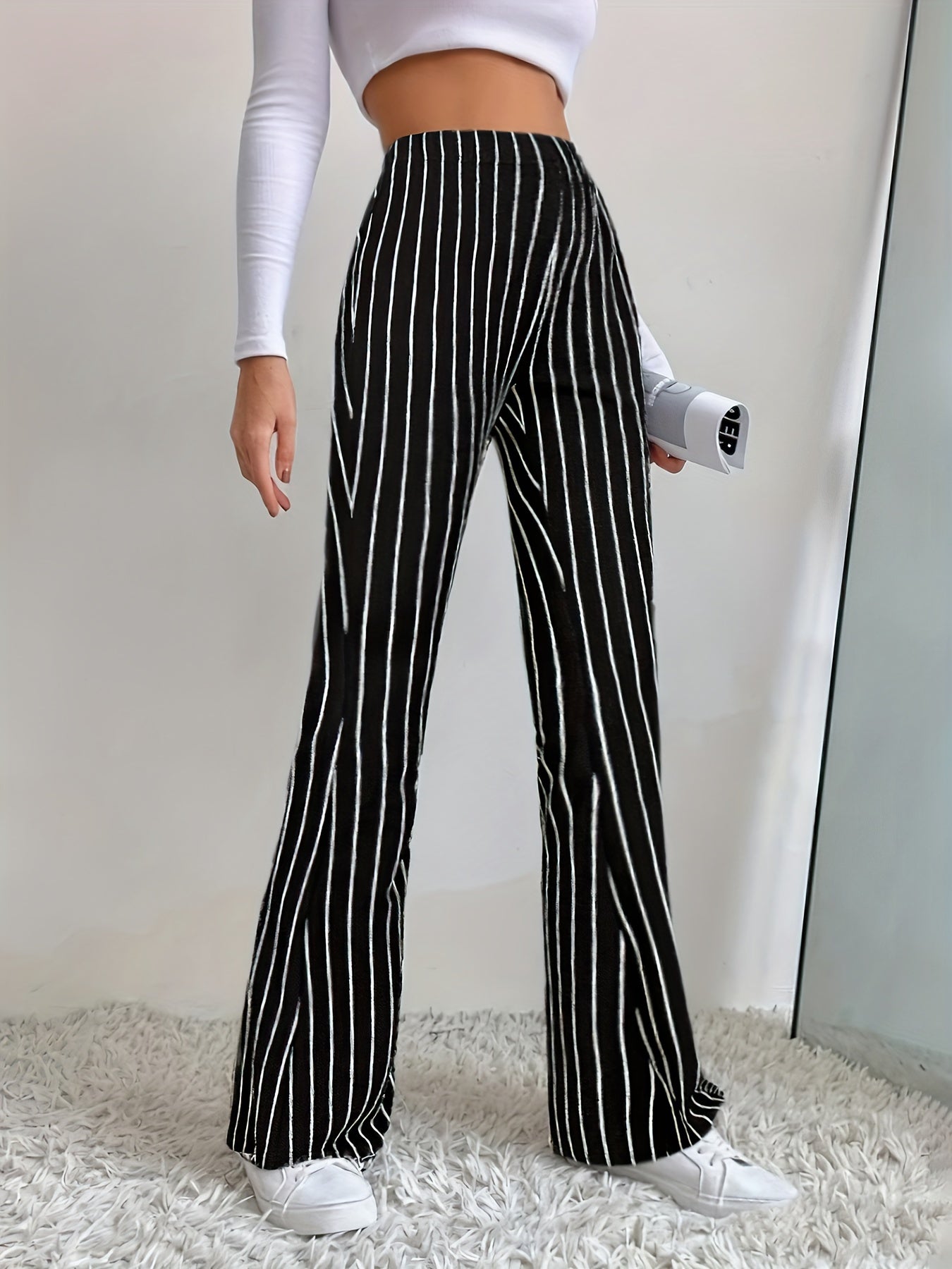 Striped Print Flared Leg Pants, Elegant Elastic Waist Slim Pants, Women's Clothing