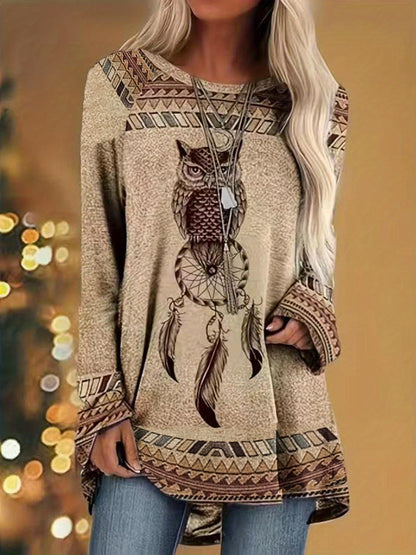 vlovelaw Owl Print Raglan Sleeve Tunics, Vintage Boho Crew Neck Tunics, Women's Clothing