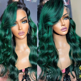 13*4 Inch Premium Lace Front Wigs for Women - Vibrant Green Hair with Black Roots, Loose Curly Body Wave, Heat Resistant, 180% Density, Pre-Plucked with Baby Hair, Natural Looking, Daily Wear, Vacation Style