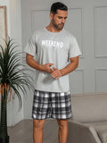 Mens Pajama Set - Relaxed Casual Style with Unique Grey Letter Print and Plaid Shorts, Ultra-Soft and Comfortable for Home and Outdoor Wearing, Perfect for Summer Season