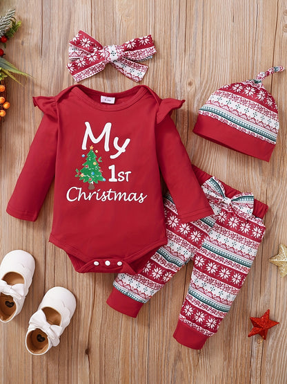 2pcs "My 1st Christmas" Triangle Bodysuit Set with Hairband, Hat, and Casual Pants for Toddler & Infant Girls' Spring Fall Daily Wear/Holiday Outdoor Clothing