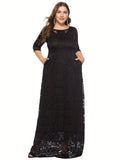 Plus Size Elegant 3/4 Sleeve Crew Neck Lace Dress - Fitted, Trapeze Hem, Pocket Details - Perfect for Wedding, Evening, Occasion, Engagement, Ceremony, and All-Season Events