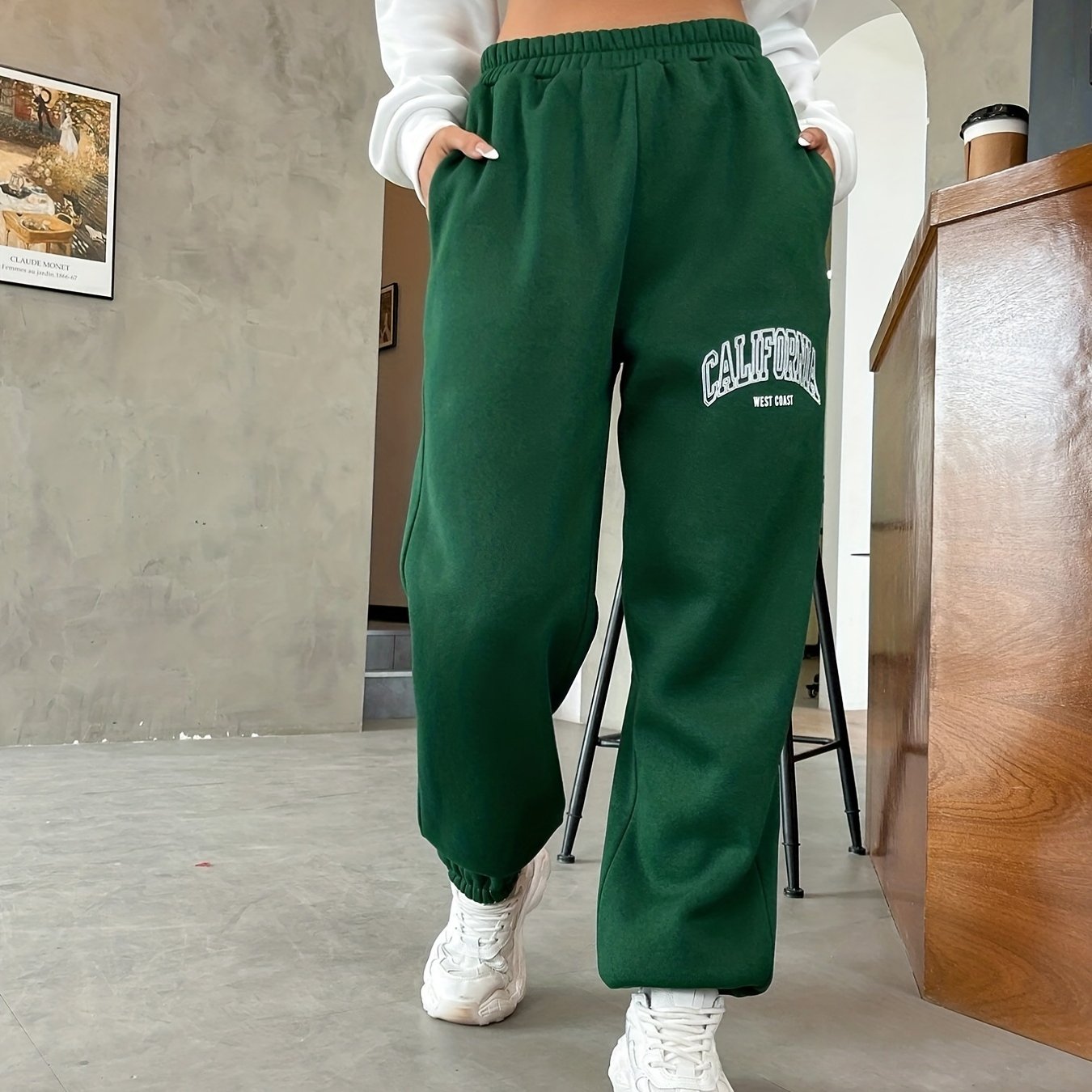 Letter Print Elastic Waist Jogger Sweatpants, Casual Slant Pocket Pants, Women's Clothing