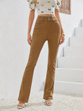 Plain Double Button Wide Leg Jeans, High Rise Mid Strech Street Style Flare Denim Pants, Women's Denim Jeans & Clothing