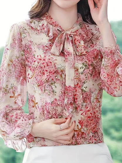 vlovelaw  Floral Print Ruffle Trim Blouse, Elegant Tie Neck Long Sleeve Blouse For Spring & Fall, Women's Clothing