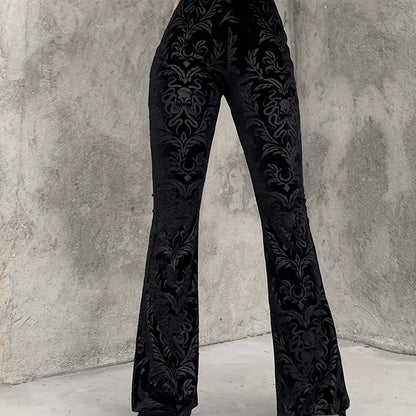 vlovelaw  Gothic Floral Print High Waist Pants, Elegant Flare Leg Pants, Women's Clothing