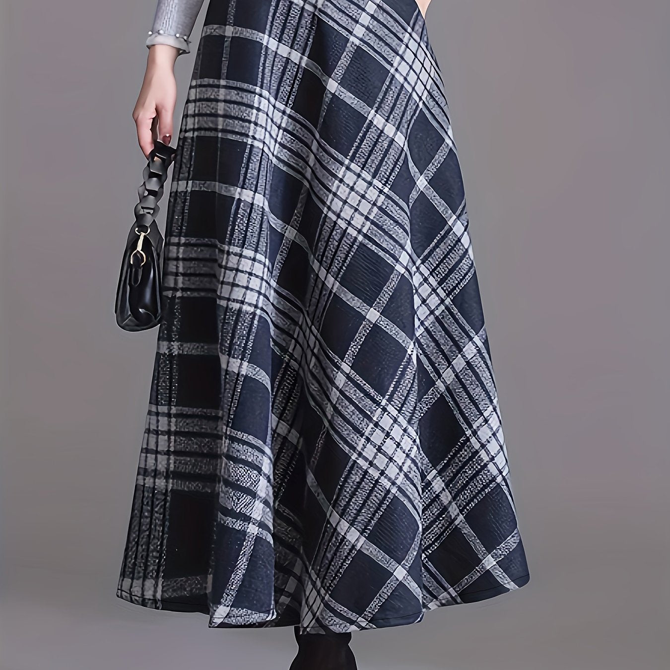 Plus Size Elegant Skirt, Women's Plus Plaid Print High Rise Slight Stretch Swing A-line Maxi Skirt