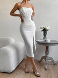 vlovelaw Solid Strapless Split Tube Dress, Elegant Backless Sheath Midi Dress For Spring & Summer, Women's Clothing