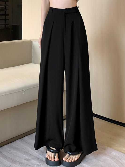 vlovelaw  Solid Button Front Wide Leg Pants, Versatile High Waist Pants For Spring & Fall, Women's Clothing