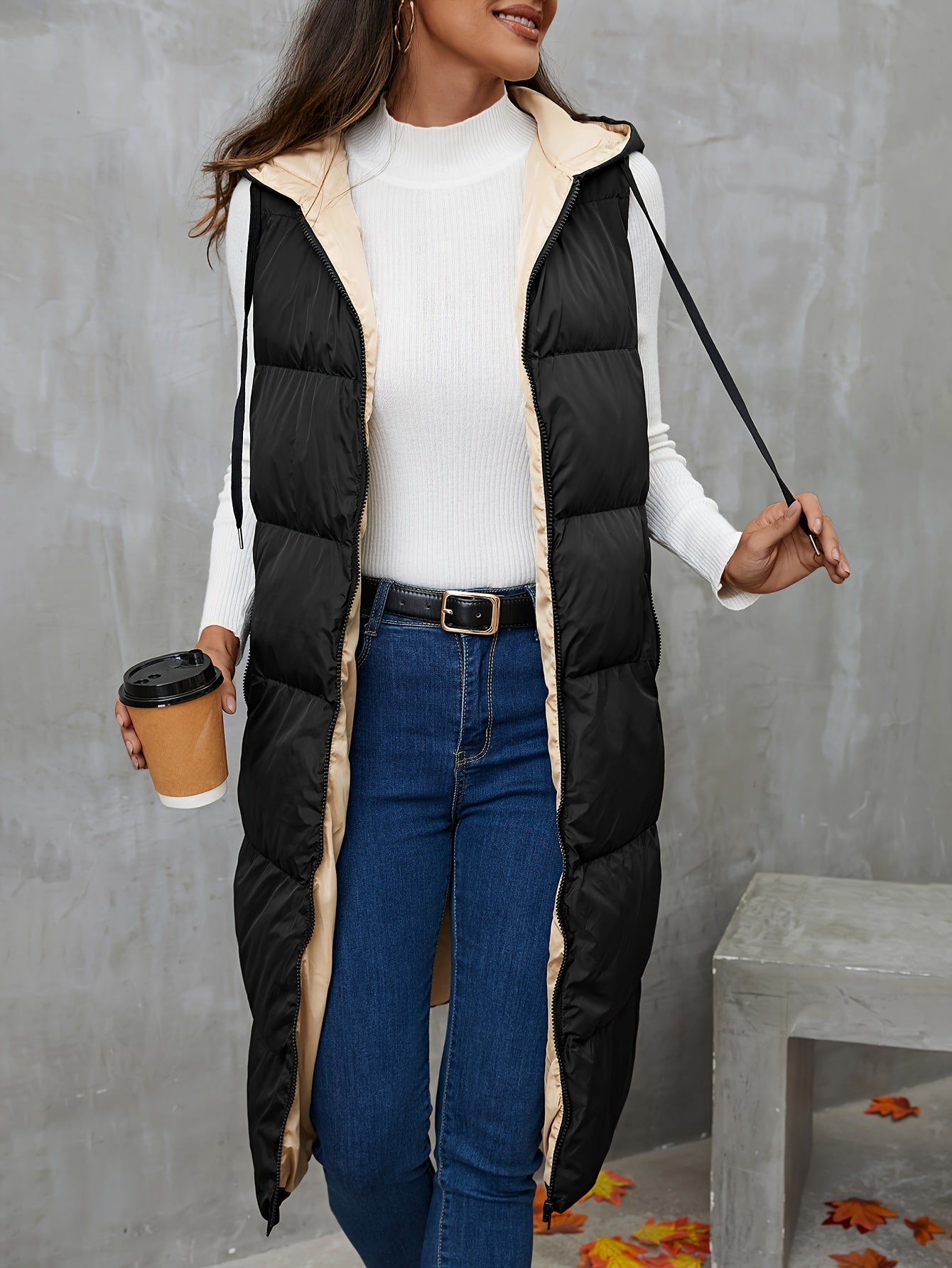 vlovelaw Hooded Sleeveless Coat, Casual Zipper Long Length Winter Outerwear, Women's Clothing