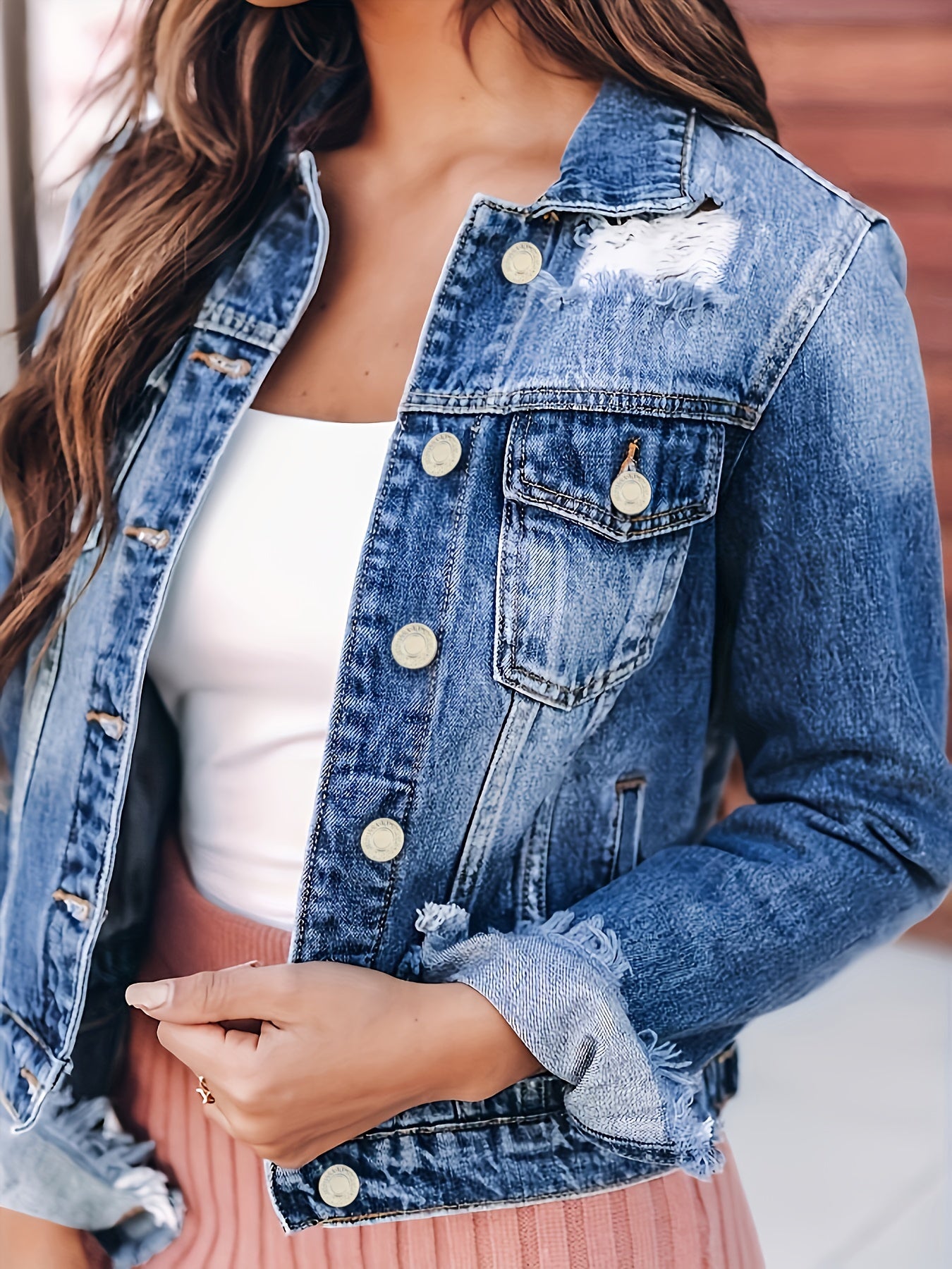 vlovelaw  Blue Ripped Holes Denim Jackets, Long Sleeves Distressed Non-Stretch Lapel Denim Coats, Women's Denim Clothing