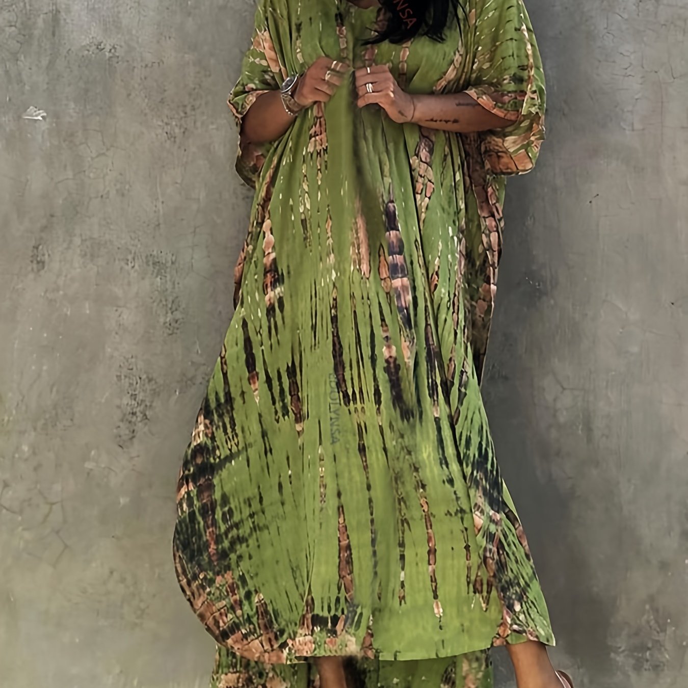 vlovelaw  V Neck Oversized Kaftan Dress, Bohemian Loose Beach Vacation Dress, Women's Clothing