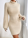 vlovelaw  Turtleneck Solid Bodycon Dress, Casual Long Sleeve Simple Dress, Women's Clothing