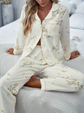 Womens Chiffon Floral Print Pajama Set - Long Sleeve Lapel Collar Top with Pocket, Elastic Waistband Pants for Comfortable Sleepwear & Loungewear - Soft, Breathable, Micro Elasticity, Woven, Random Printing for All Seasons