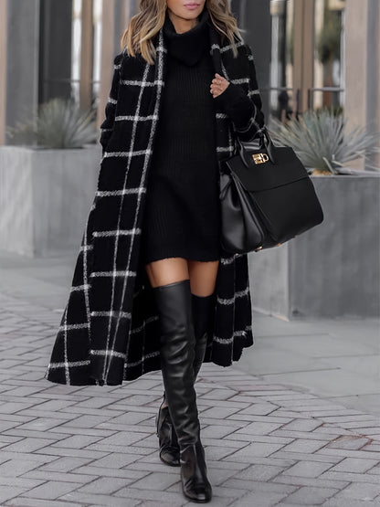 Plus Size Plaid Pattern Coat, Casual Long Sleeve Open Front Coat For Fall, Women's Plus Size Clothing