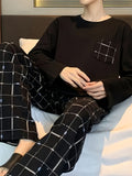 [Millennium Horse Brand] Large Size 2 Pcs Men's Simple Design Long Sleeves & Plaid Long Pants Pajama Sets, Comfortable & Skin-friendly Style Pajamas For Men's Cozy Loungewear