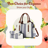 3PCS  New Design Stripe Pattern Canvas Tote Bag Set - Zipper Closure, Premium PU Leather Top Handle, Detachable Clutch, Card Holder, Polyester Lining, Perfect for Ladies Work, Teacher, and Occasional Use