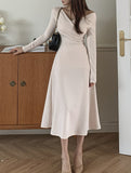 vlovelaw  Solid A-line Dress, Elegant V Neck Long Sleeve Dress For Spring & Fall, Women's Clothing