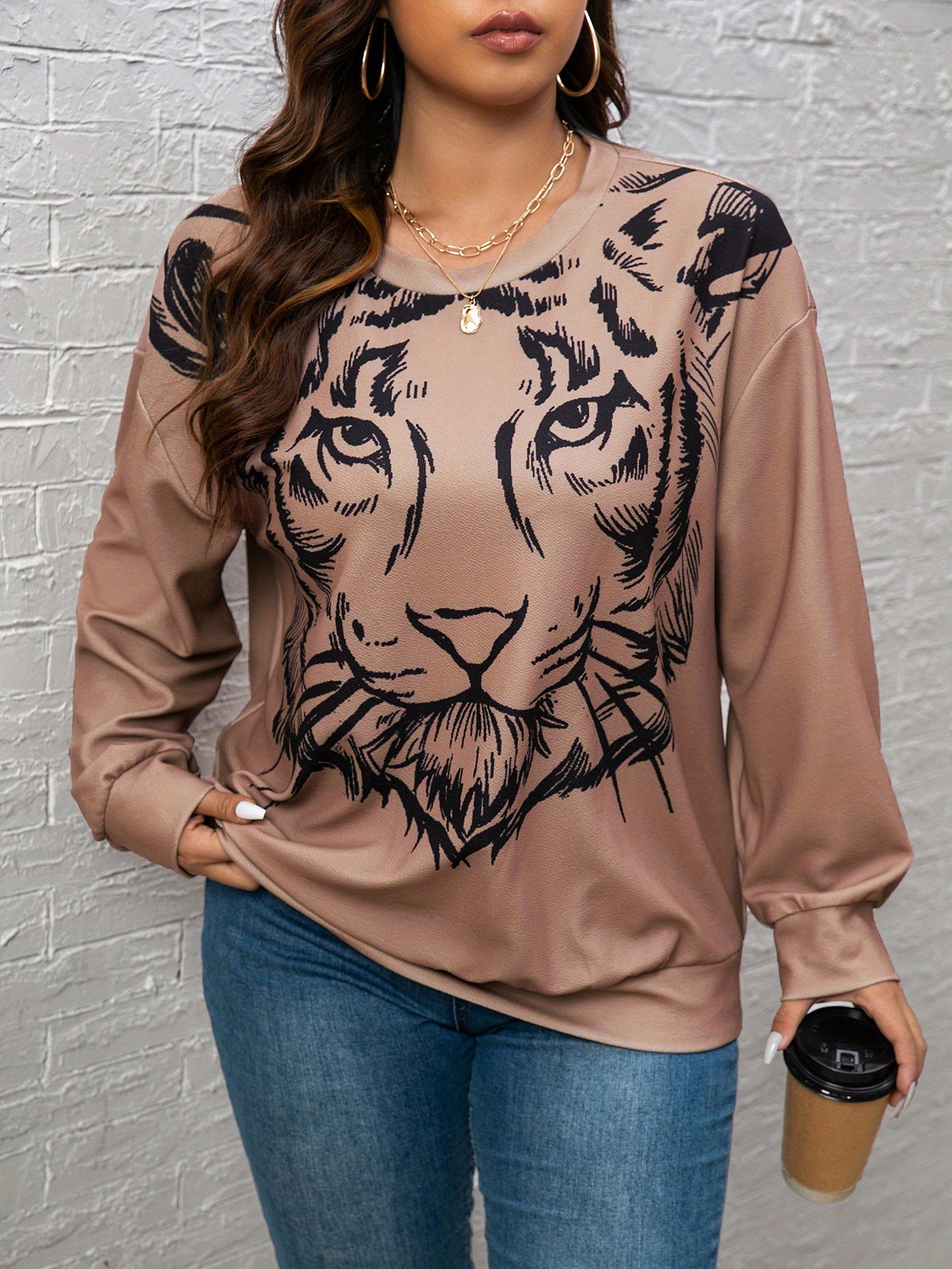 vlovelaw Plus Size Casual Sweatshirt, Women's Plus Tiger Print Long Sleeve Round Neck Medium Stretch Pullover Top