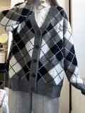 vlovelaw Plaid Button Down Knit Cardigan, Preppy Long Sleeve Loose Sweater With Pocket, Women's Clothing