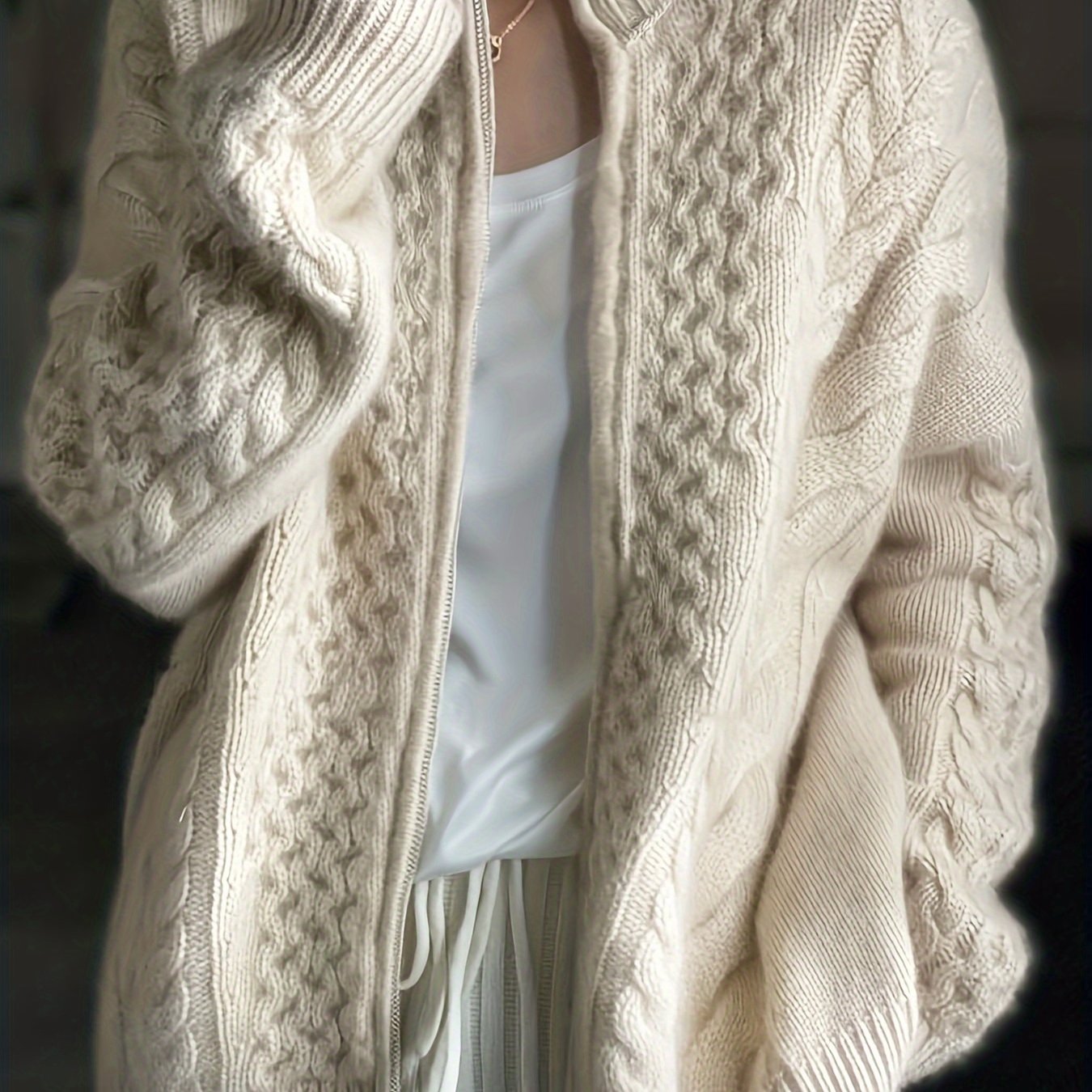 vlovelaw  Cable Knit Zip Up Loose Cardigan, Casual Long Sleeve Turtle Neck Sweater Coat, Women's Clothing