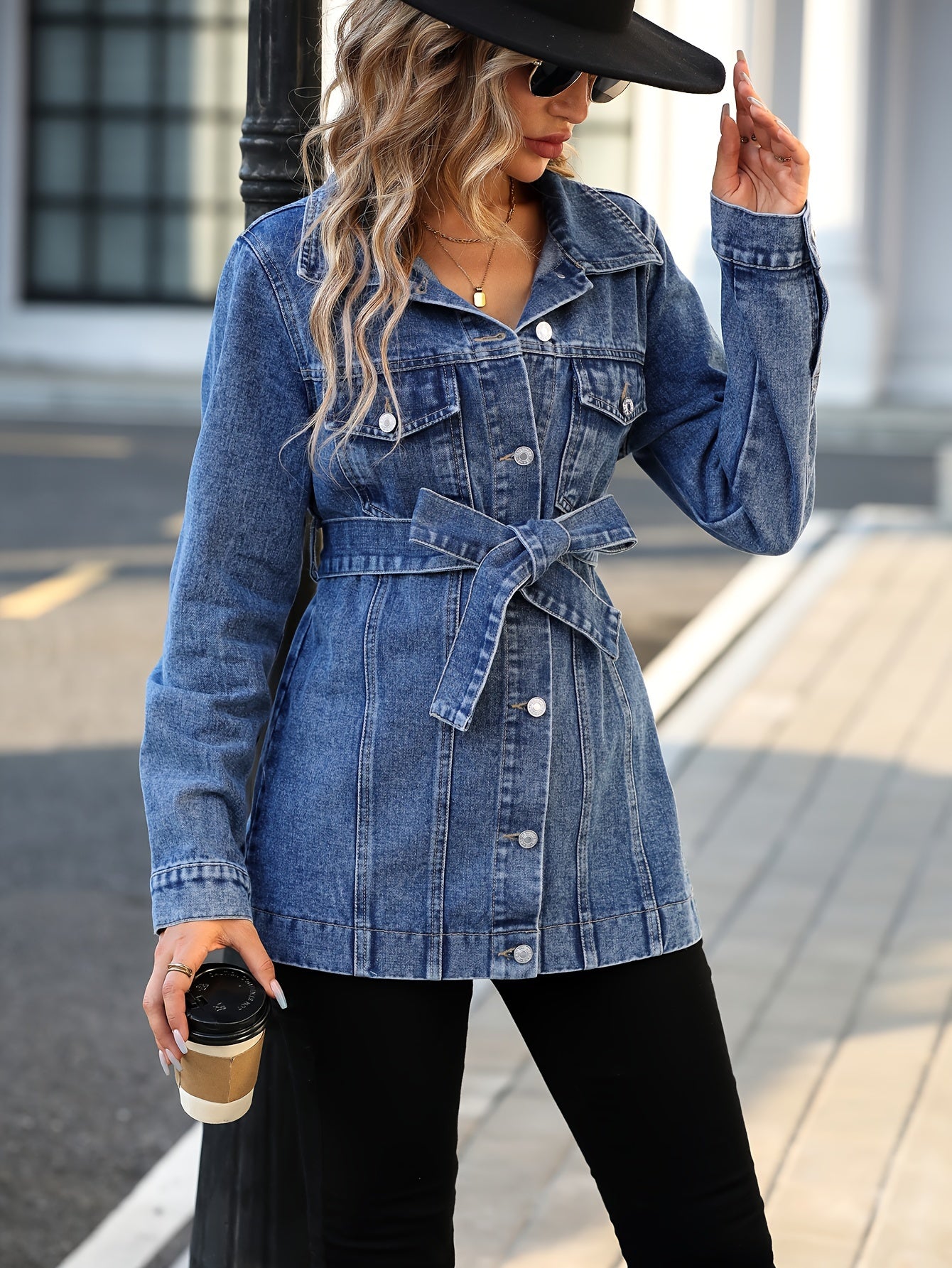 Blue Flap Pockets Denim Coat, Long Sleeves Lapel With Waistband Denim Jacket, Women's Denim Clothing