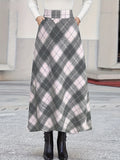 vlovelaw Plus Size Elegant Skirt, Women's Plus Plaid Print High Rise Swing Maxi Skirt With Pockets