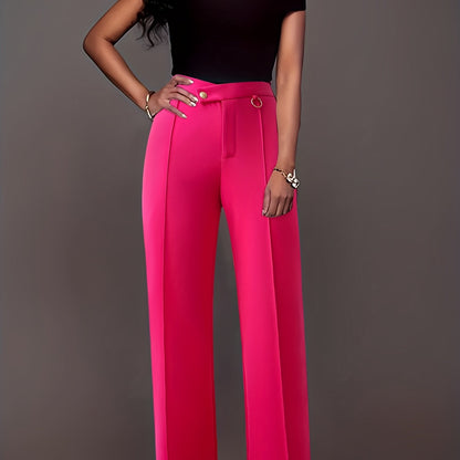 Solid Pintuck Straight Leg Pants, Casual Asymmetrical High Waist Pants, Women's Clothing