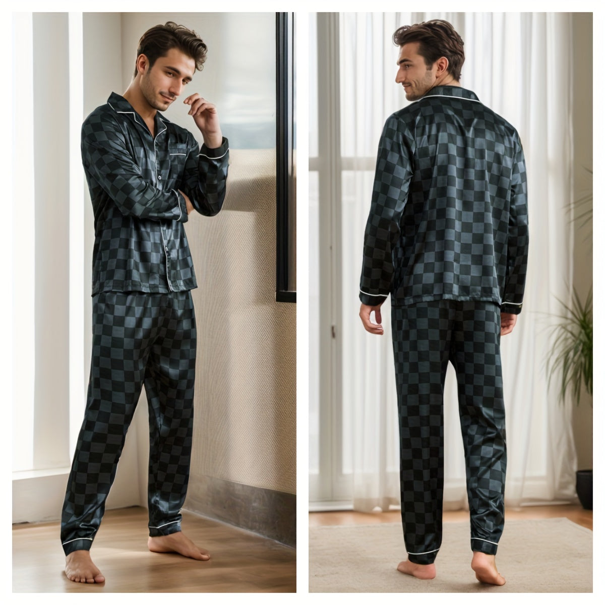 2 Pcs Men's Silky Trendy Plaid Print Open Front Long-sleeves & Long Pants Pajama Sets, Comfortable & Skin-friendly Style Pajamas For Men's Cozy Loungewear