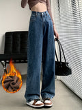 vlovelaw  High Waist Casual Straight Jeans, Fleece Liner Loose Fit Elastic Waist Denim Pants, Women's Denim Jeans & Clothing