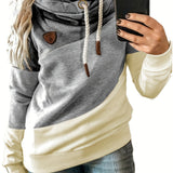 vlovelaw  Plus Size Casual Sweatshirt, Women's Plus Colorblock Long Sleeve Hooded Drawstring Slight Stretch Sweatshirt