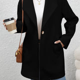 Solid One Button Overcoat, Casual Long Sleeve Outerwear With Pockets, Women's Clothing