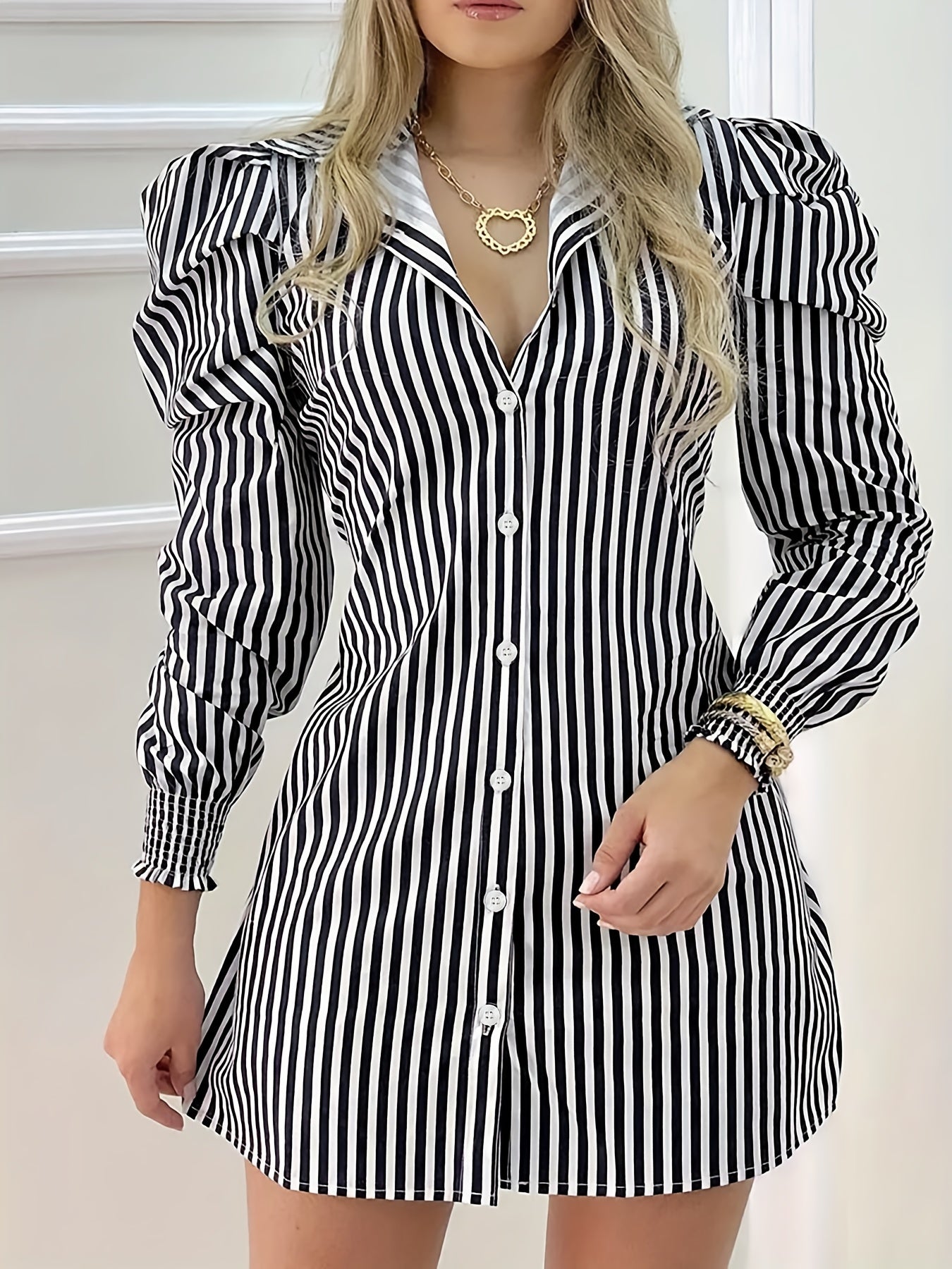 vlovelaw  Striped Print Mini Dress, Casual Button Front Puff Long Sleeve Dress, Women's Clothing