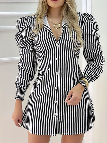 vlovelaw  Striped Print Mini Dress, Casual Button Front Puff Long Sleeve Dress, Women's Clothing