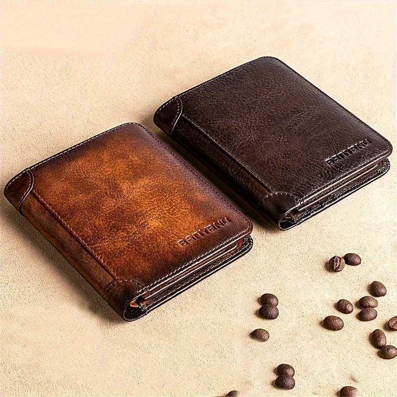 Three-Fold Genuine Leather Mens Wallet - Spacious Card Holder, Durable Top Layer Cowhide, Simple Solid Color Design, Ideal Gift for Men