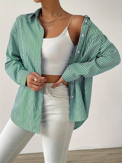 Striped Button Front Shirt, Casual Long Sleeve Lapel Shirt, Women's Clothing