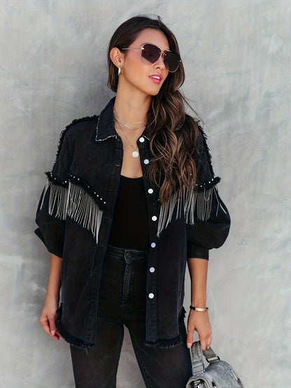 Black Fringe Decor Denim Jackets, Frayed Trim Long Sleeves Studded Street Style Denim Coats, Women's Denim Clothing