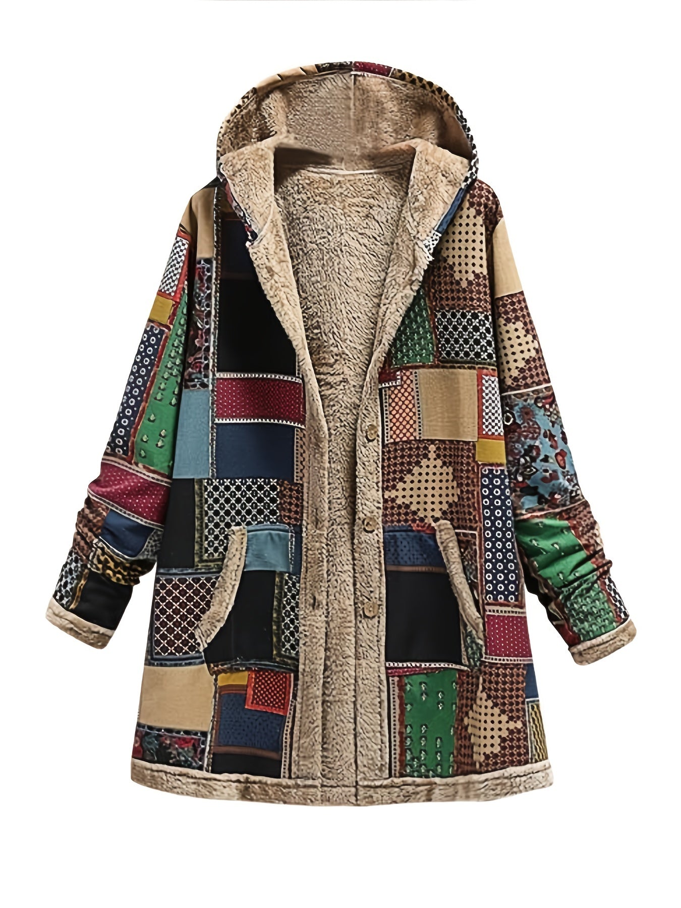 vlovelaw Retro Patchwork Hooded Jacket, Long Sleeve Button Up Casual Lightweight Outerwear For Fall & Winter, Women's Clothing