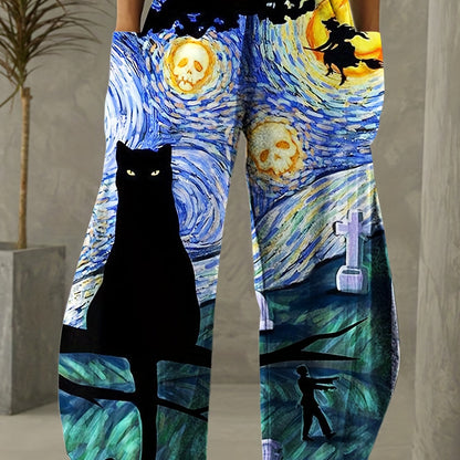 Cat Painting Print Pants, Boho Wide Leg Elastic Waist Pants, Women's Clothing